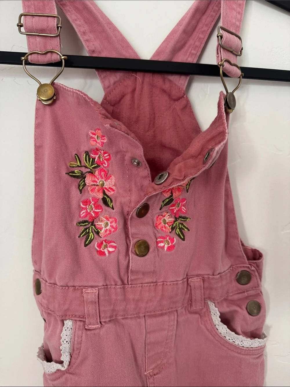 Girls Pink Floral Embroidered Denim Overalls Lace Trim Adjustable Straps Size 6